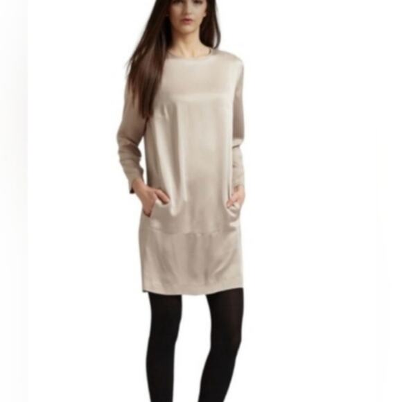 Theory Maiba Bright Satin Dress Womens 2 Silver Dropped Waist Back Zip Pockets - Picture 1 of 8